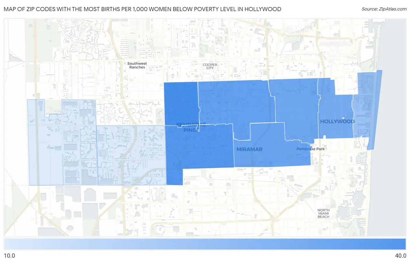 Zip Codes with the Most Births per 1,000 Women Below Poverty Level in Hollywood Map