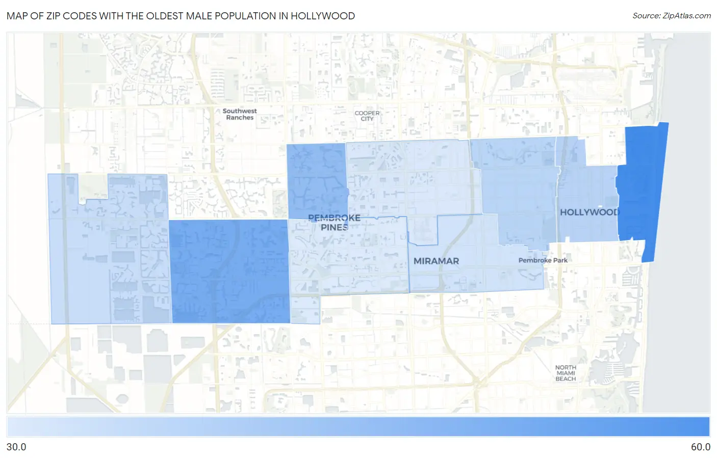 Zip Codes with the Oldest Male Population in Hollywood Map