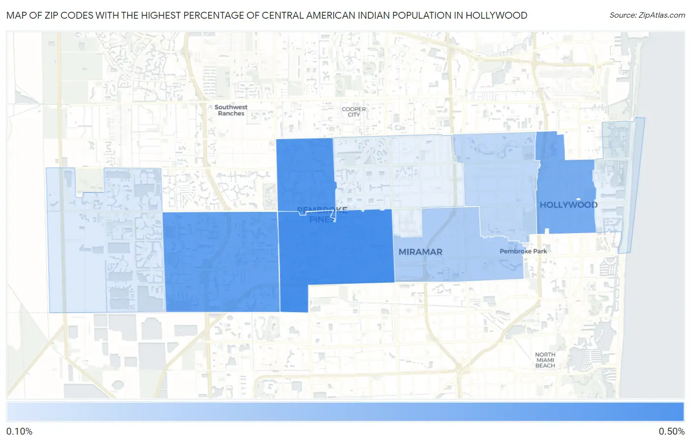 Zip Codes with the Highest Percentage of Central American Indian Population in Hollywood Map