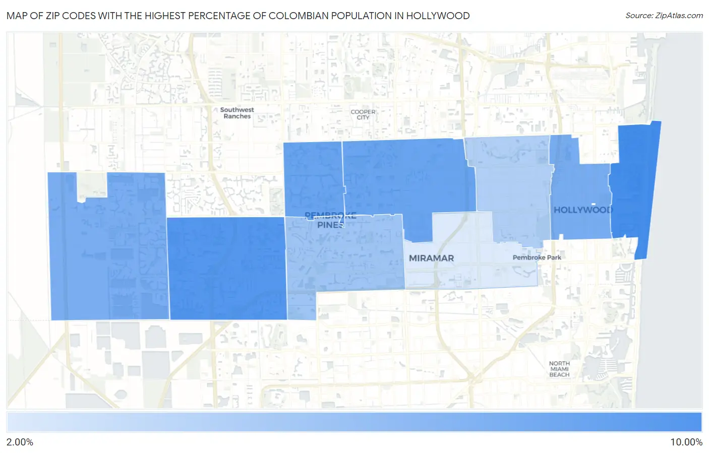 Zip Codes with the Highest Percentage of Colombian Population in Hollywood Map