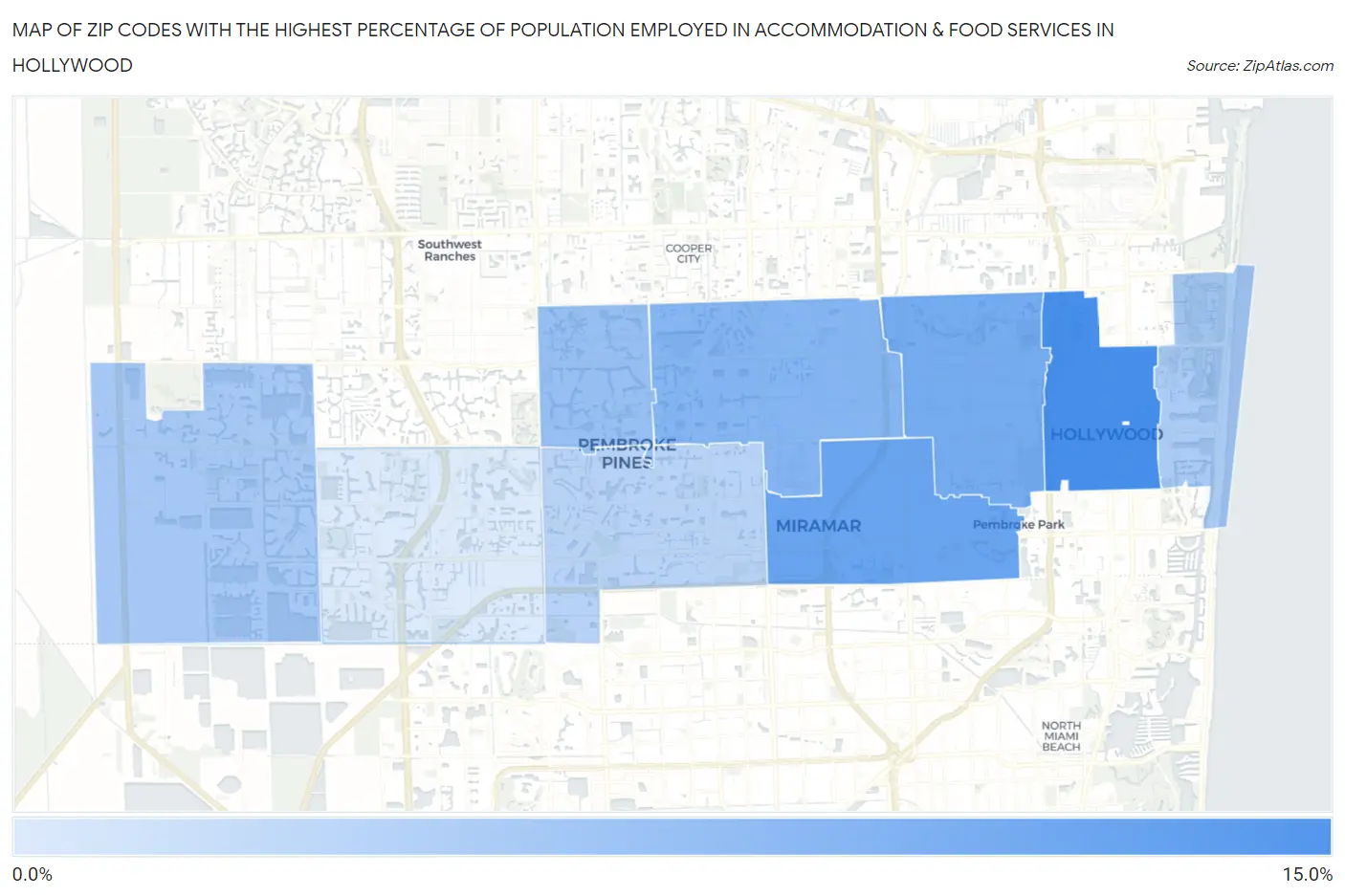 Zip Codes with the Highest Percentage of Population Employed in Accommodation & Food Services in Hollywood Map