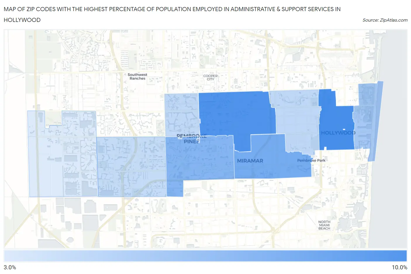 Zip Codes with the Highest Percentage of Population Employed in Administrative & Support Services in Hollywood Map