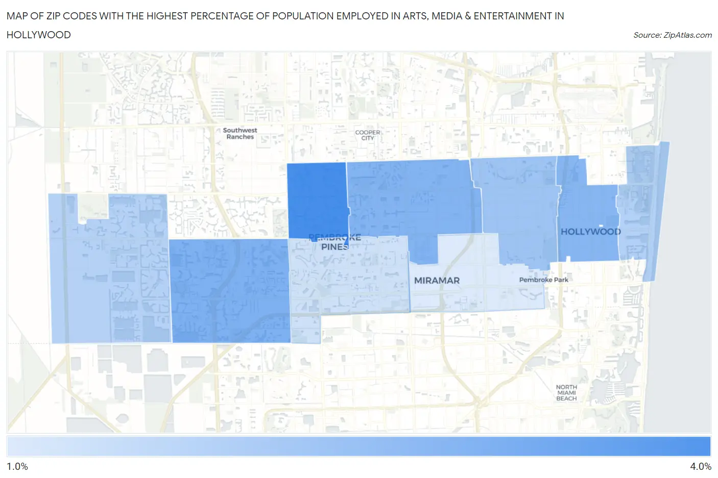 Zip Codes with the Highest Percentage of Population Employed in Arts, Media & Entertainment in Hollywood Map