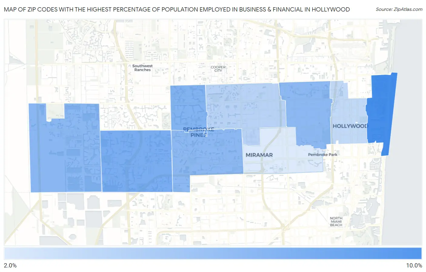 Zip Codes with the Highest Percentage of Population Employed in Business & Financial in Hollywood Map