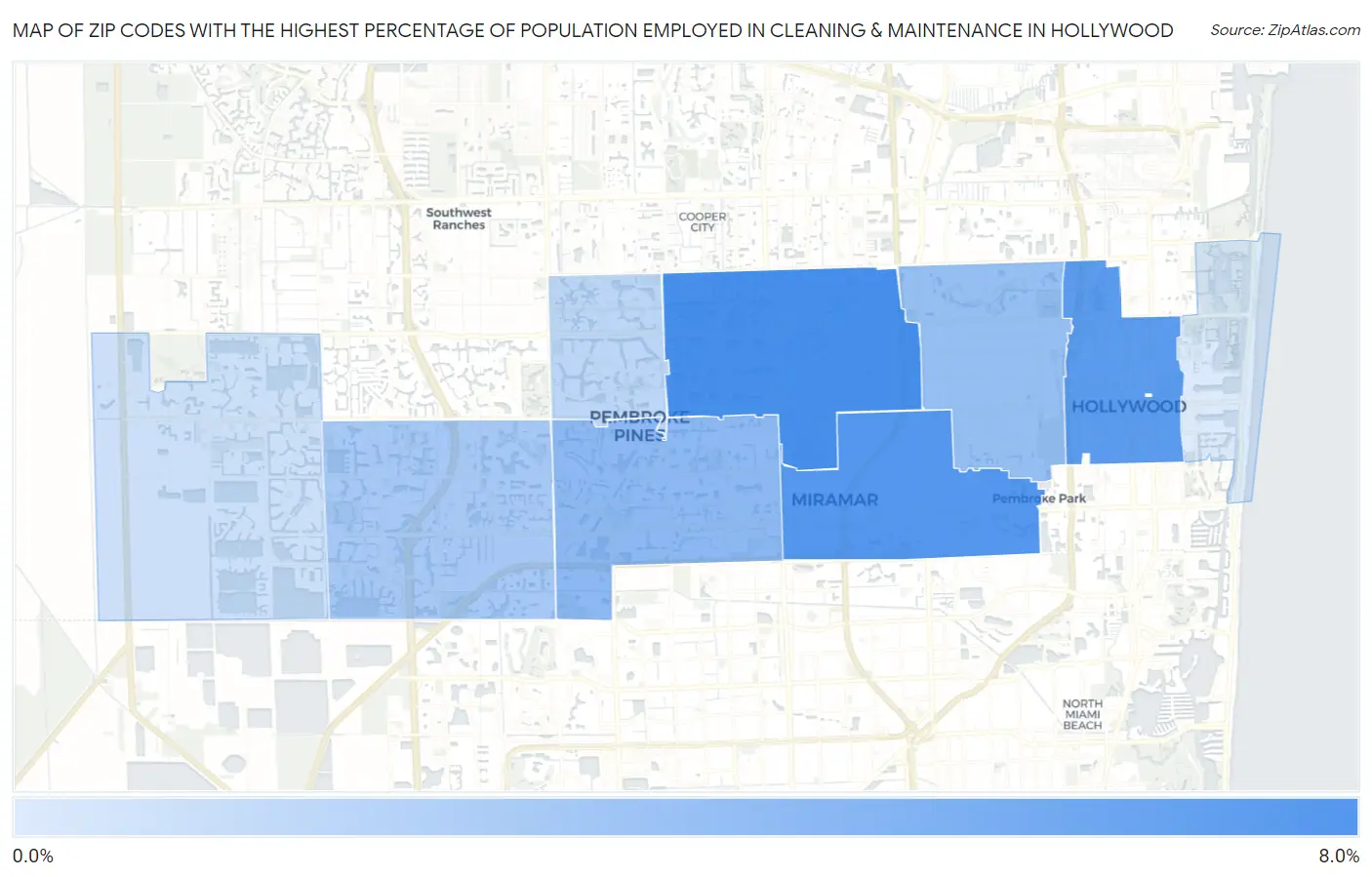 Zip Codes with the Highest Percentage of Population Employed in Cleaning & Maintenance in Hollywood Map