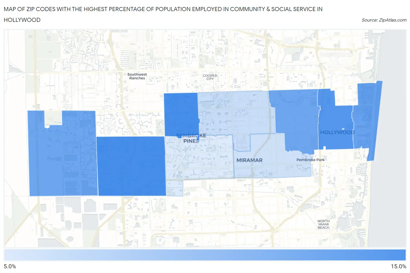 Zip Codes with the Highest Percentage of Population Employed in Community & Social Service  in Hollywood Map
