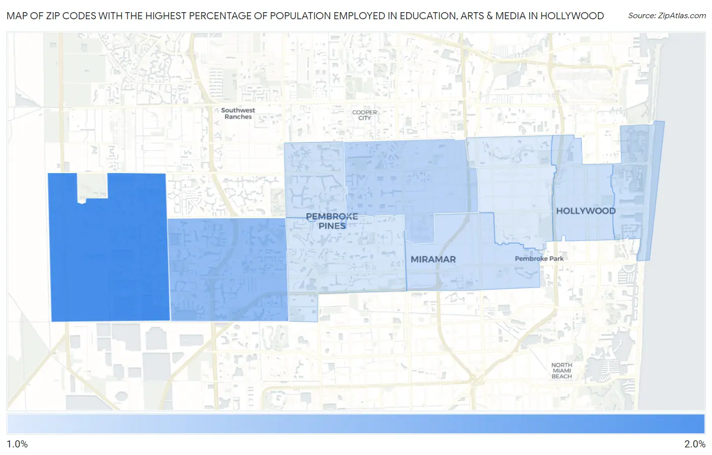 Zip Codes with the Highest Percentage of Population Employed in Education, Arts & Media in Hollywood Map
