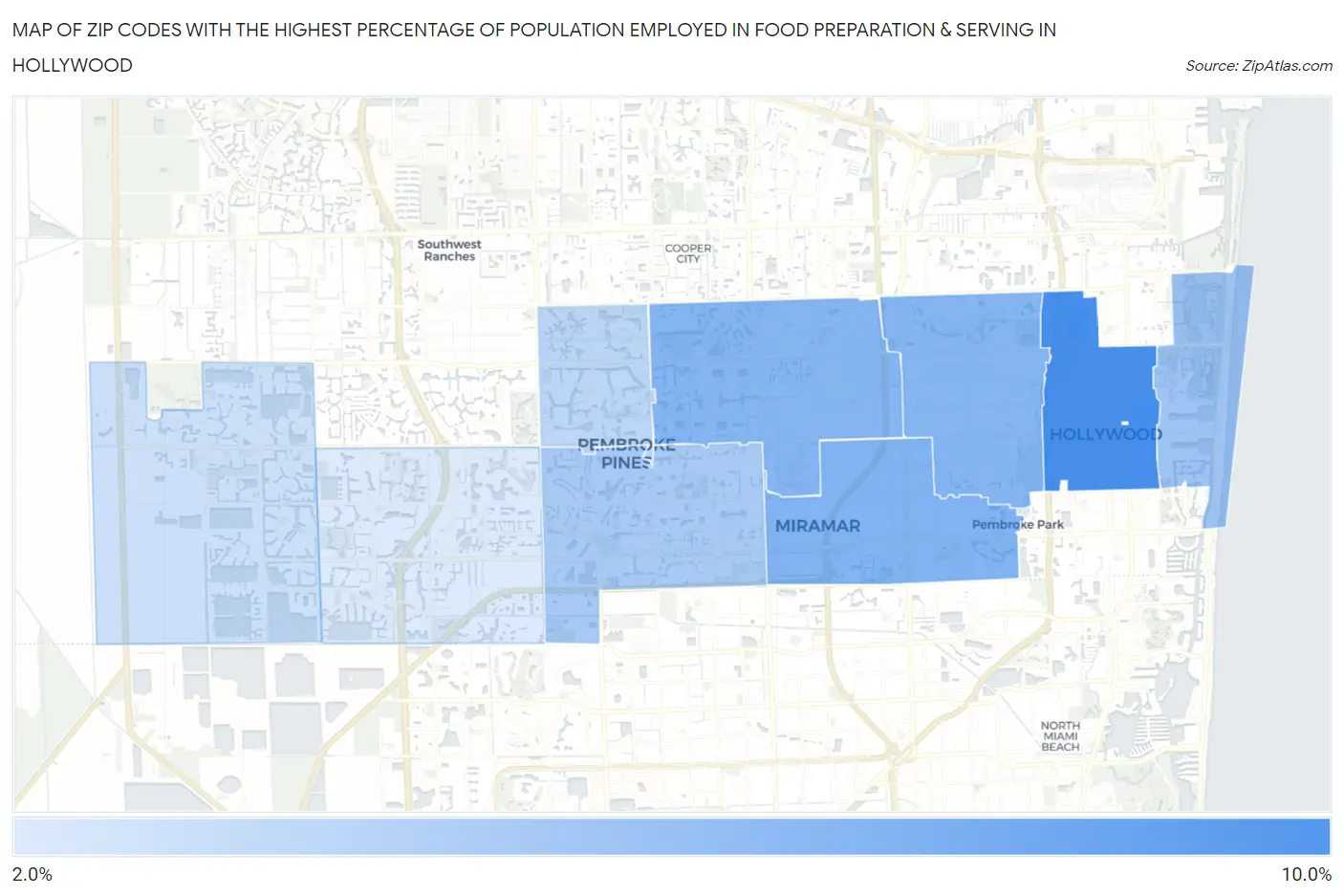 Zip Codes with the Highest Percentage of Population Employed in Food Preparation & Serving in Hollywood Map