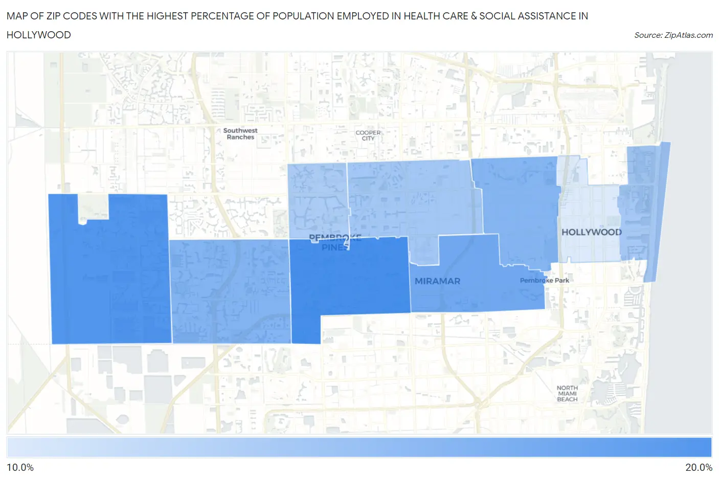 Zip Codes with the Highest Percentage of Population Employed in Health Care & Social Assistance in Hollywood Map