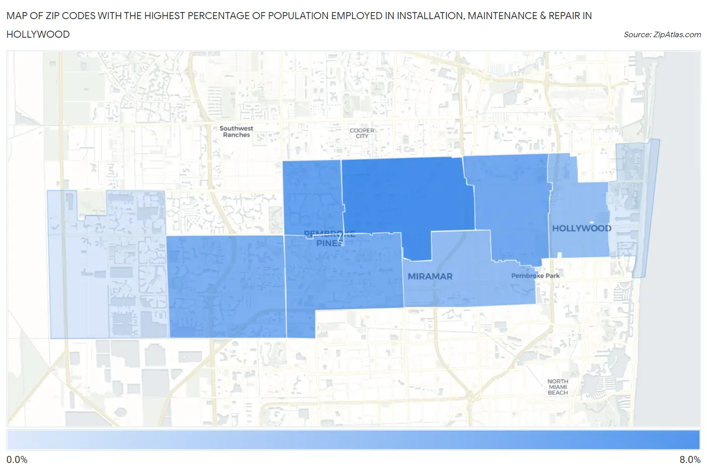 Zip Codes with the Highest Percentage of Population Employed in Installation, Maintenance & Repair in Hollywood Map