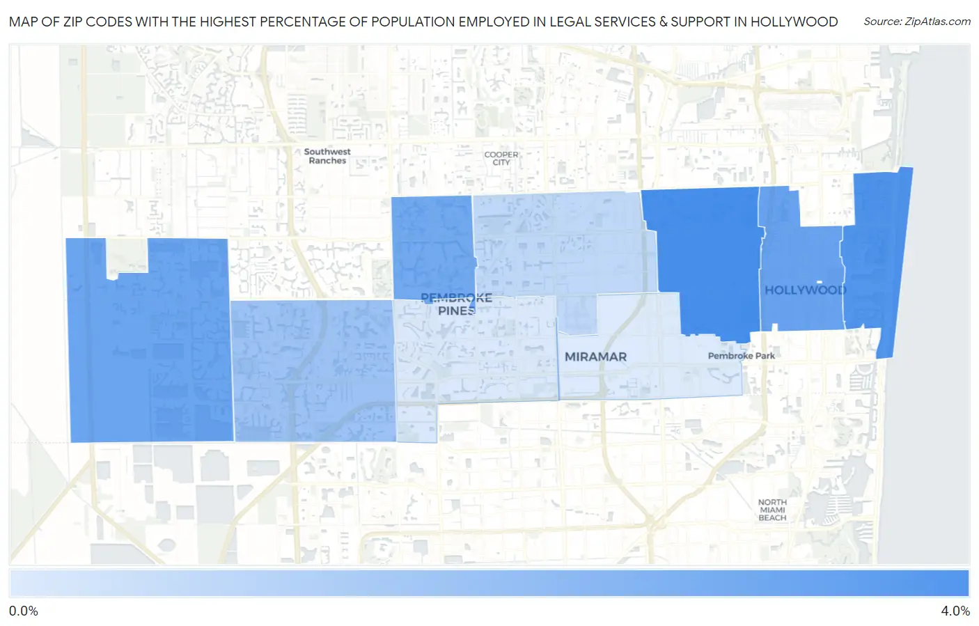 Zip Codes with the Highest Percentage of Population Employed in Legal Services & Support in Hollywood Map