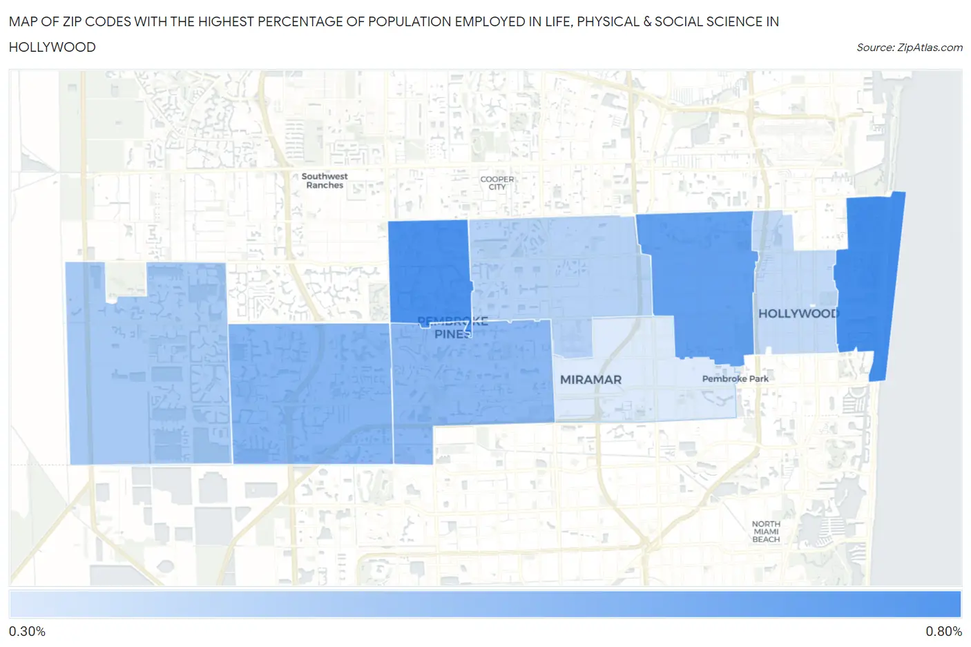 Zip Codes with the Highest Percentage of Population Employed in Life, Physical & Social Science in Hollywood Map