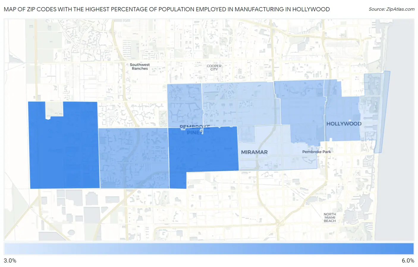 Zip Codes with the Highest Percentage of Population Employed in Manufacturing in Hollywood Map