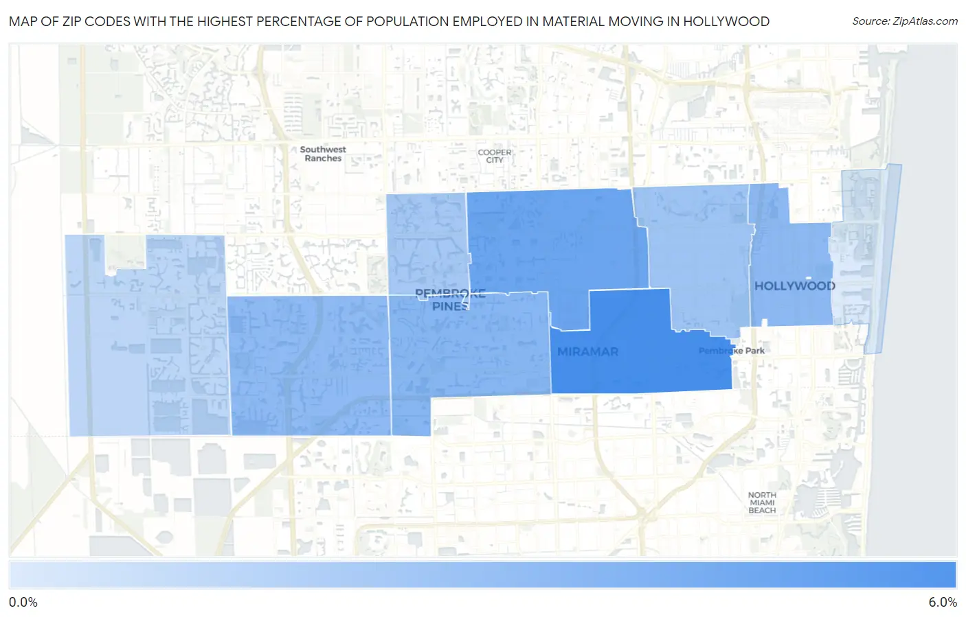 Zip Codes with the Highest Percentage of Population Employed in Material Moving in Hollywood Map
