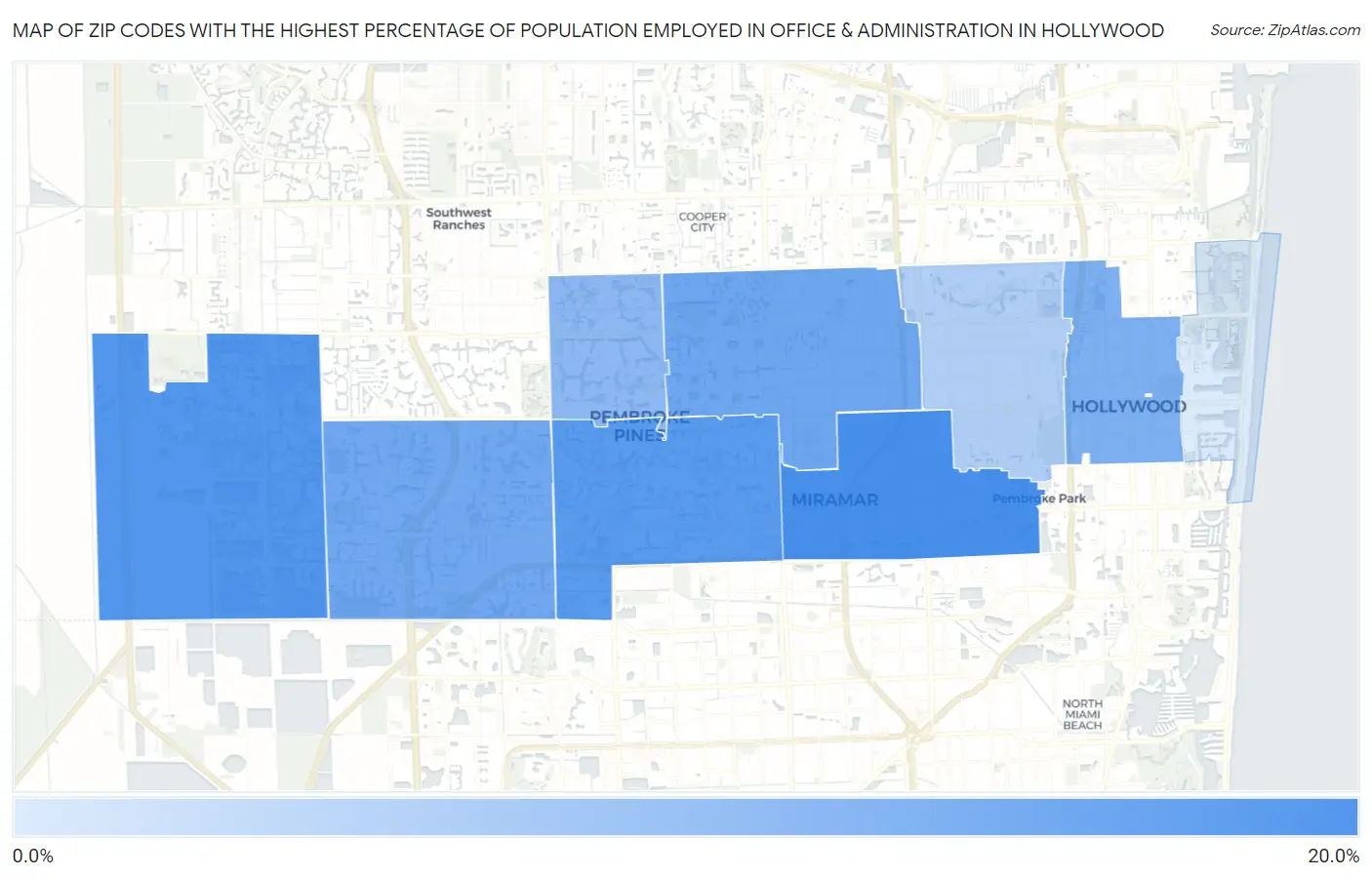 Zip Codes with the Highest Percentage of Population Employed in Office & Administration in Hollywood Map