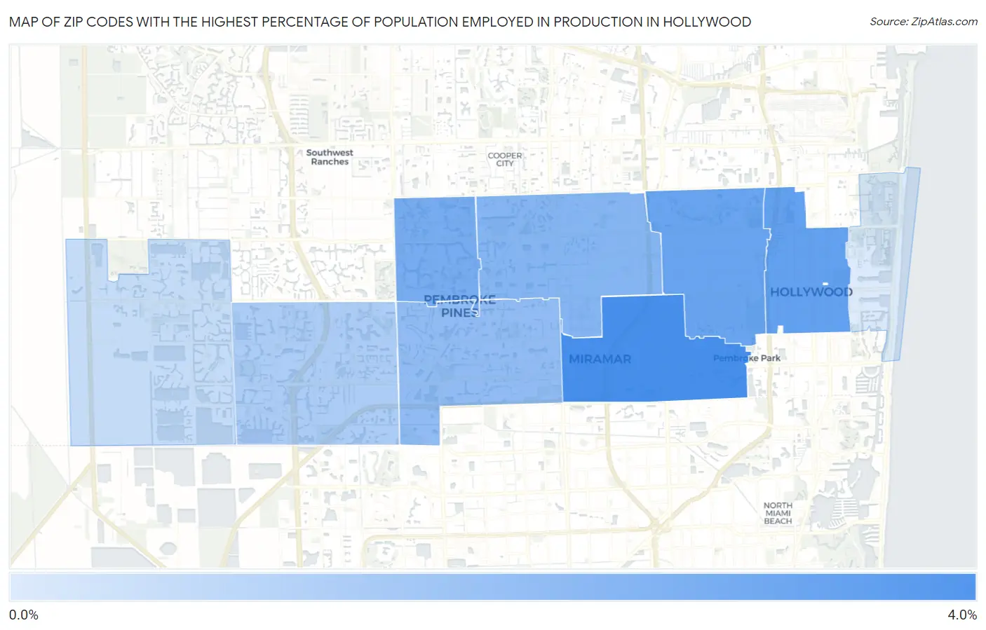 Zip Codes with the Highest Percentage of Population Employed in Production in Hollywood Map
