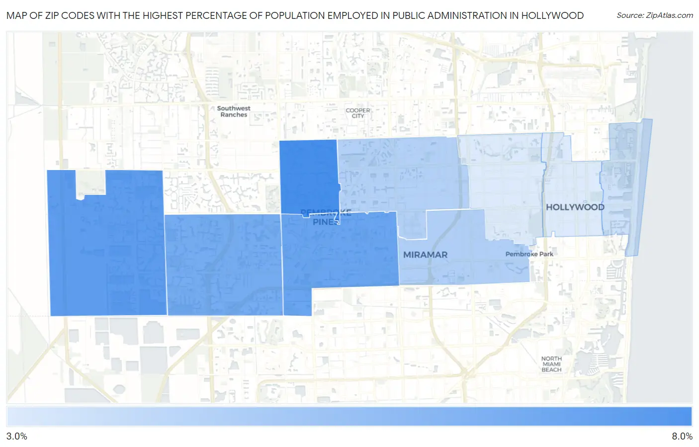 Zip Codes with the Highest Percentage of Population Employed in Public Administration in Hollywood Map