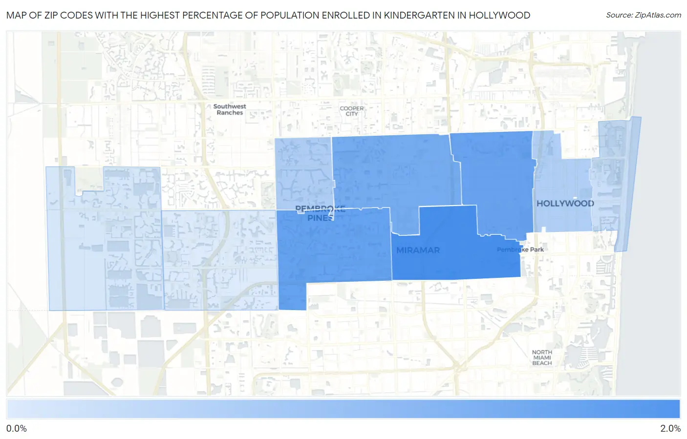 Zip Codes with the Highest Percentage of Population Enrolled in Kindergarten in Hollywood Map