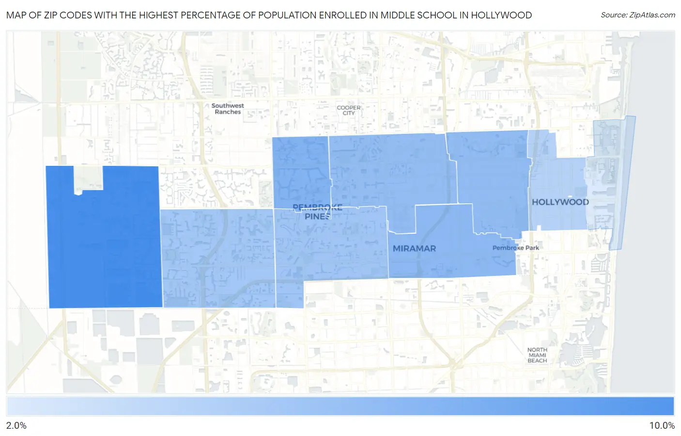 Zip Codes with the Highest Percentage of Population Enrolled in Middle School in Hollywood Map