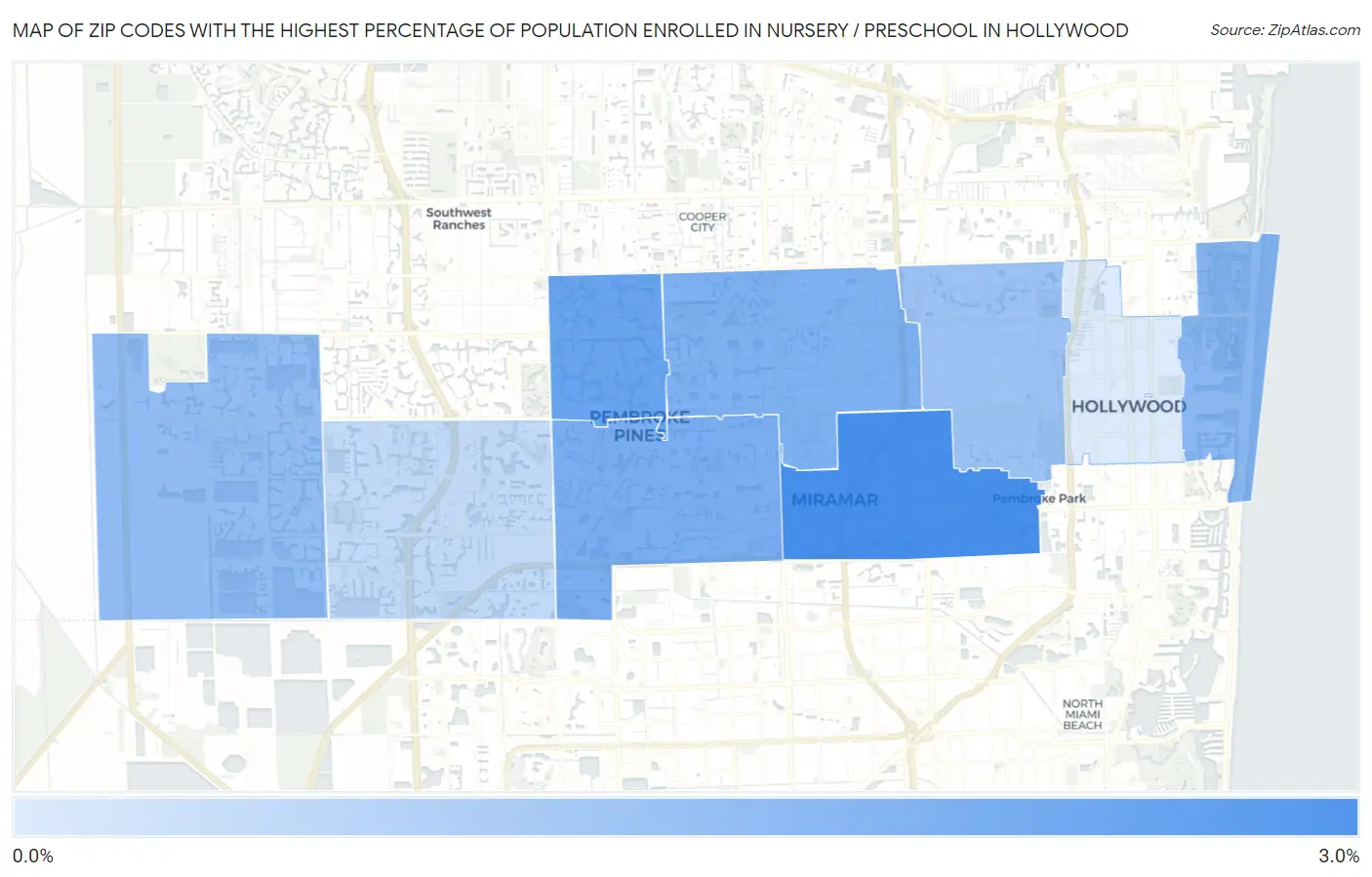 Zip Codes with the Highest Percentage of Population Enrolled in Nursery / Preschool in Hollywood Map