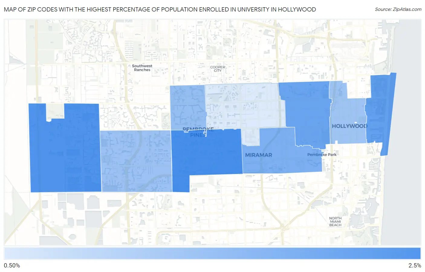 Zip Codes with the Highest Percentage of Population Enrolled in University in Hollywood Map