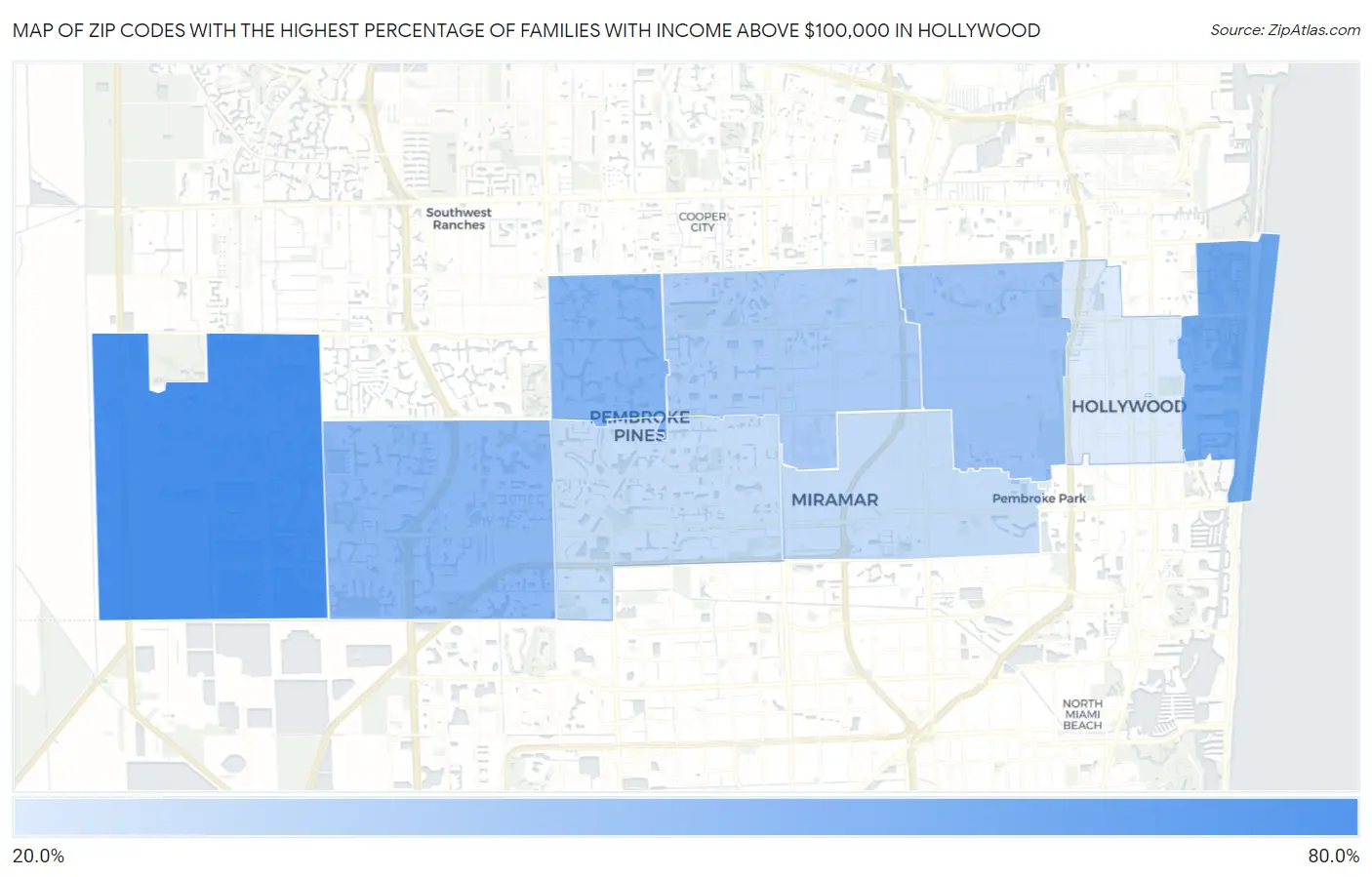 Zip Codes with the Highest Percentage of Families with Income Above $100,000 in Hollywood Map