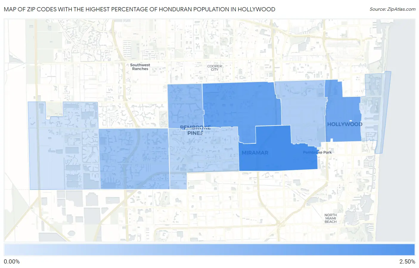 Zip Codes with the Highest Percentage of Honduran Population in Hollywood Map