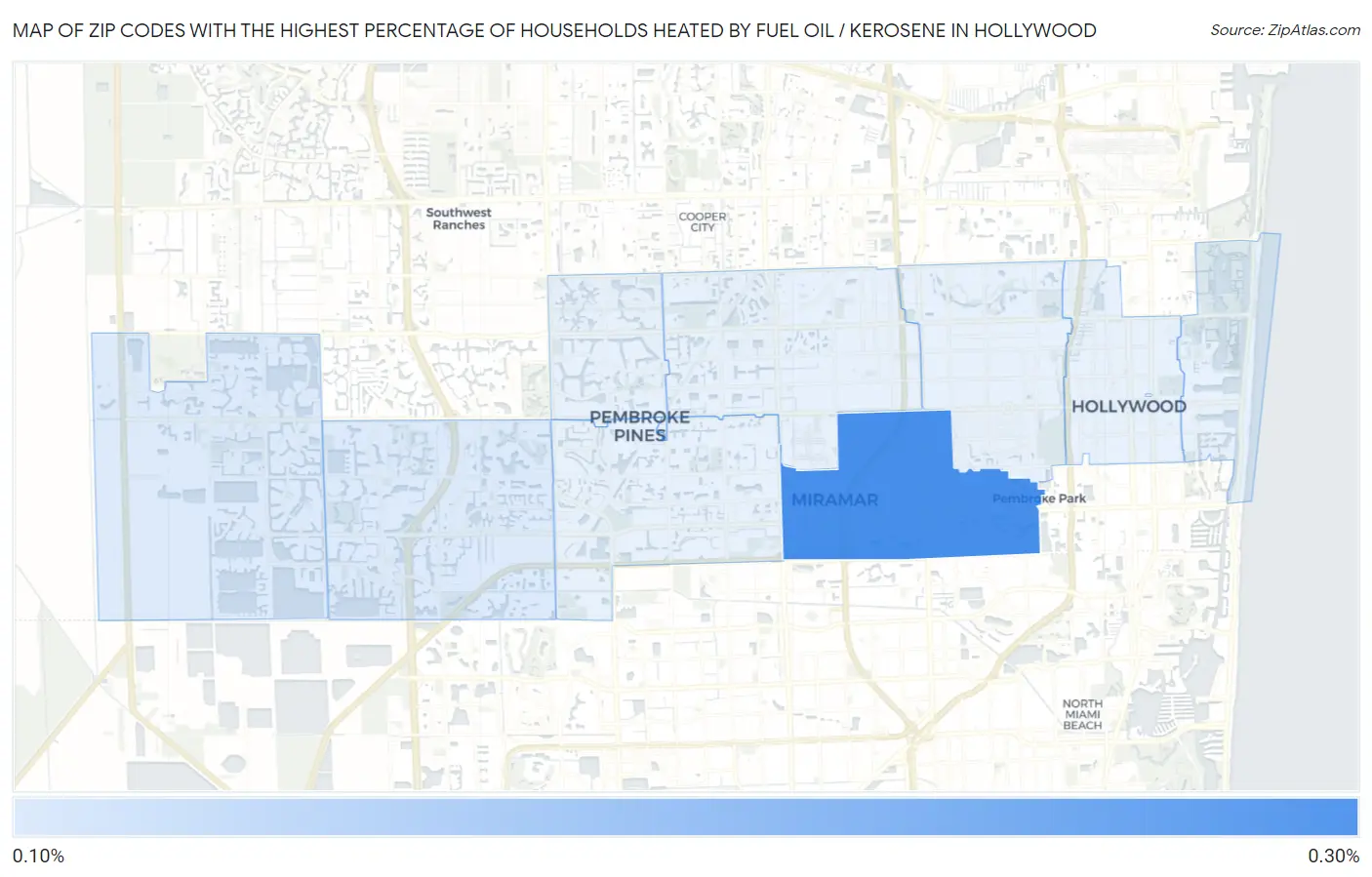 Zip Codes with the Highest Percentage of Households Heated by Fuel Oil / Kerosene in Hollywood Map
