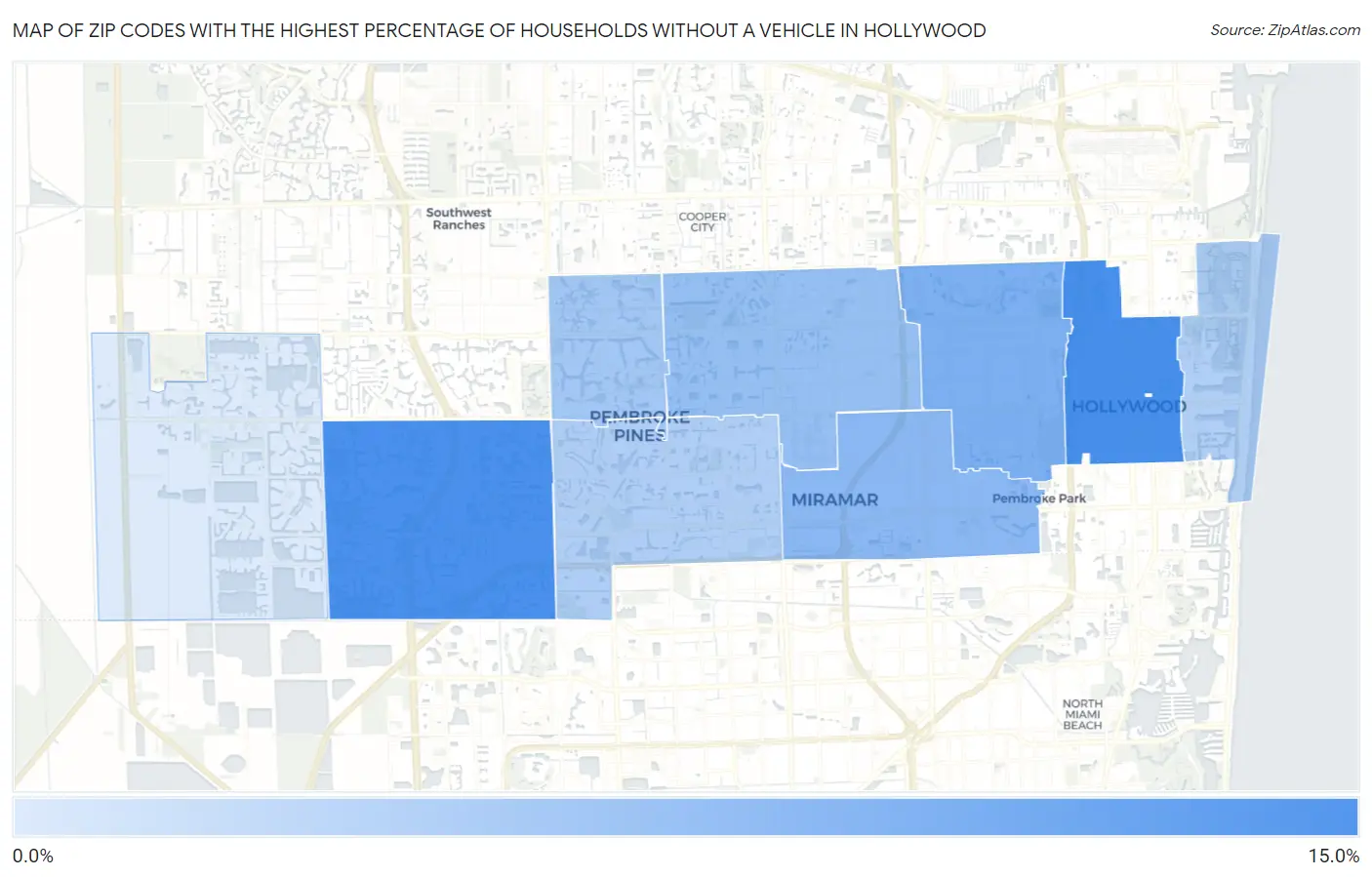 Zip Codes with the Highest Percentage of Households Without a Vehicle in Hollywood Map