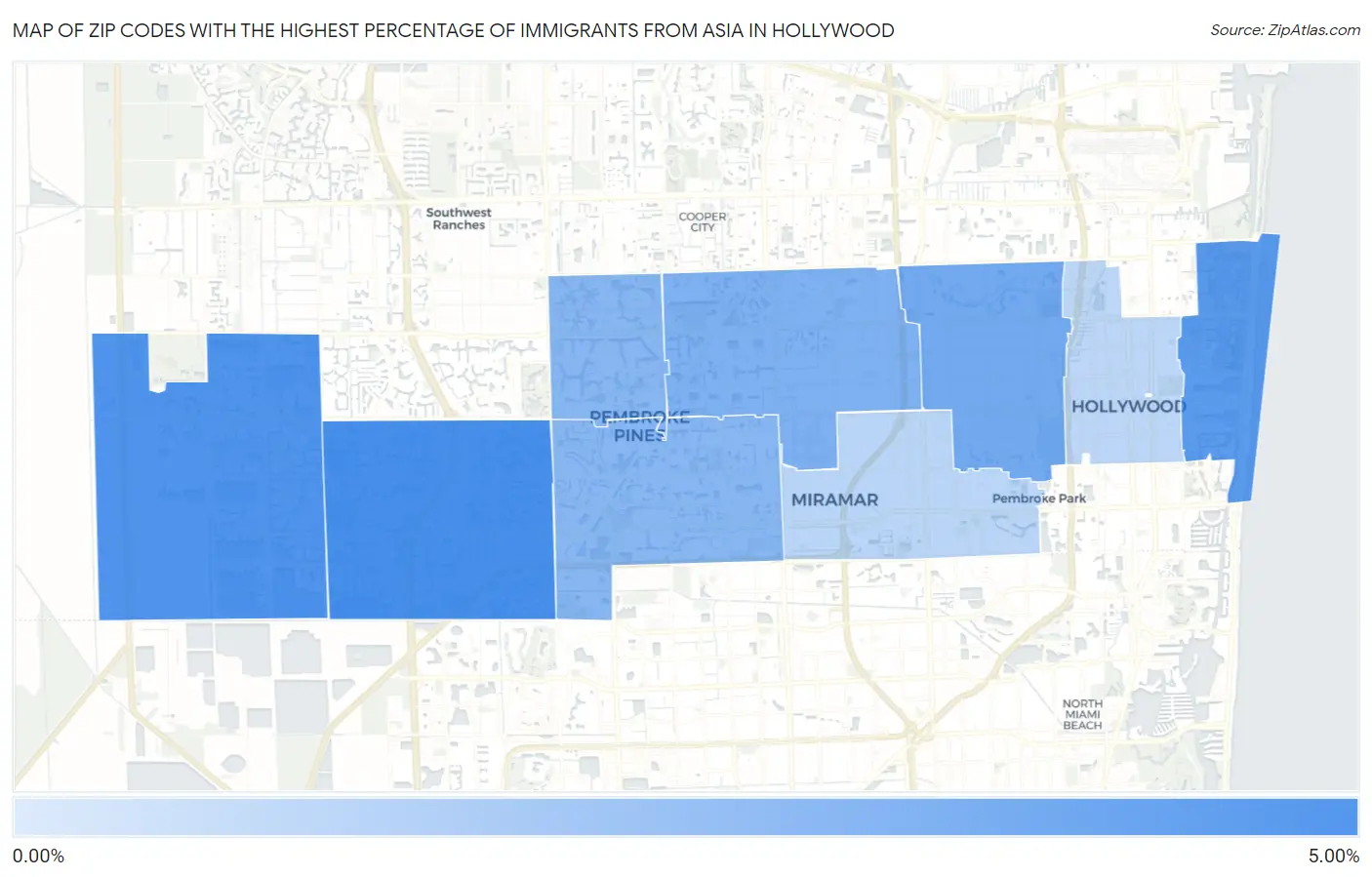 Zip Codes with the Highest Percentage of Immigrants from Asia in Hollywood Map