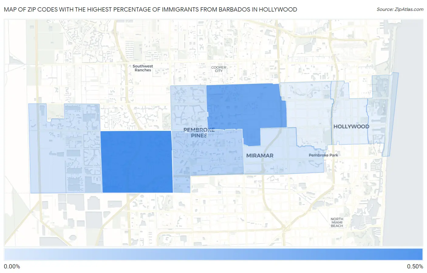 Zip Codes with the Highest Percentage of Immigrants from Barbados in Hollywood Map
