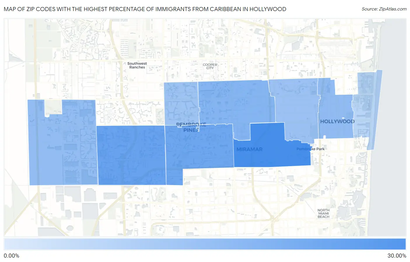 Zip Codes with the Highest Percentage of Immigrants from Caribbean in Hollywood Map