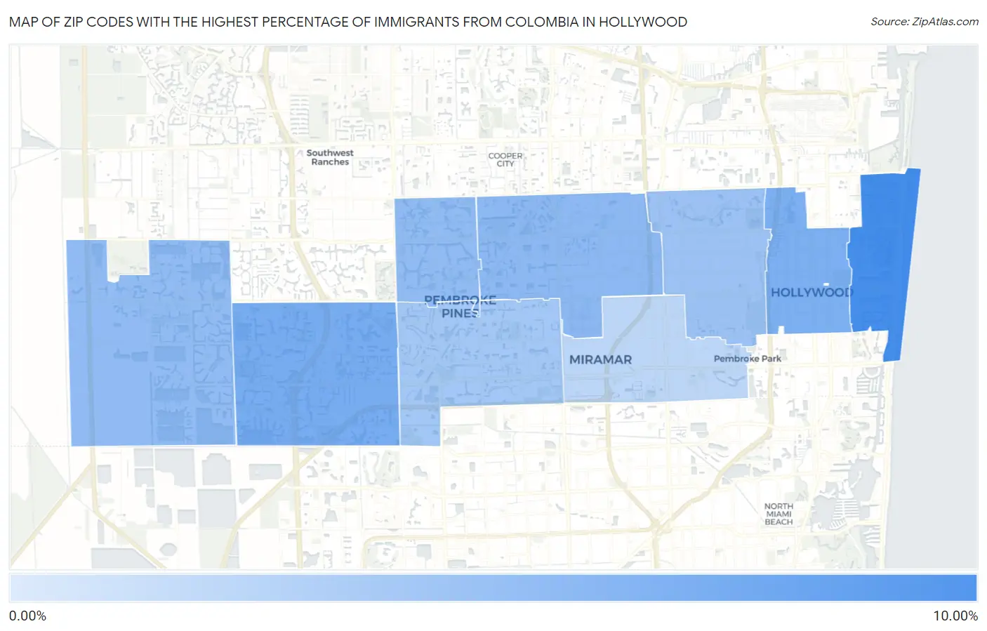 Zip Codes with the Highest Percentage of Immigrants from Colombia in Hollywood Map