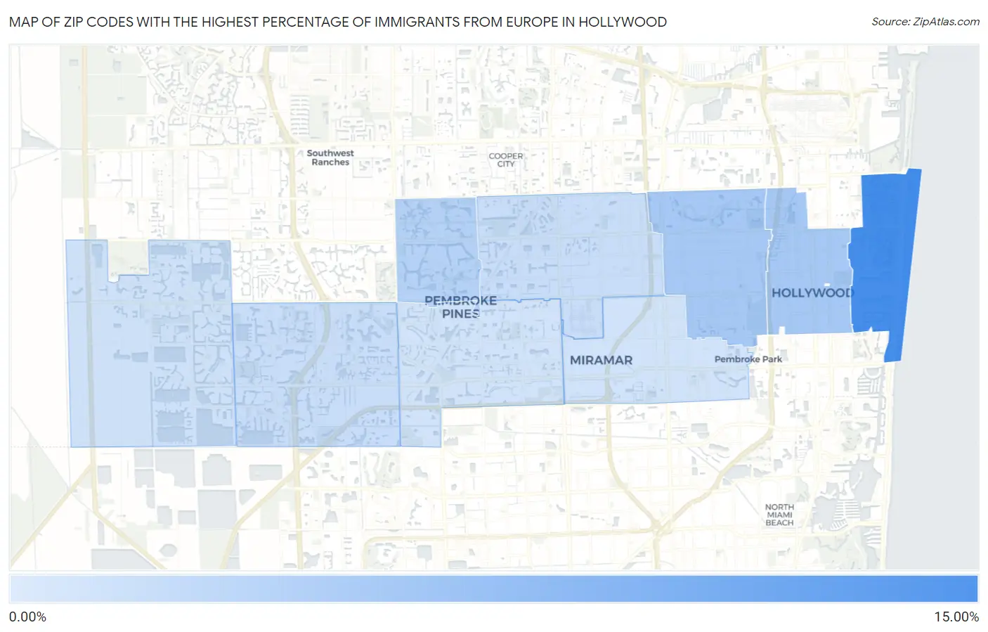 Zip Codes with the Highest Percentage of Immigrants from Europe in Hollywood Map