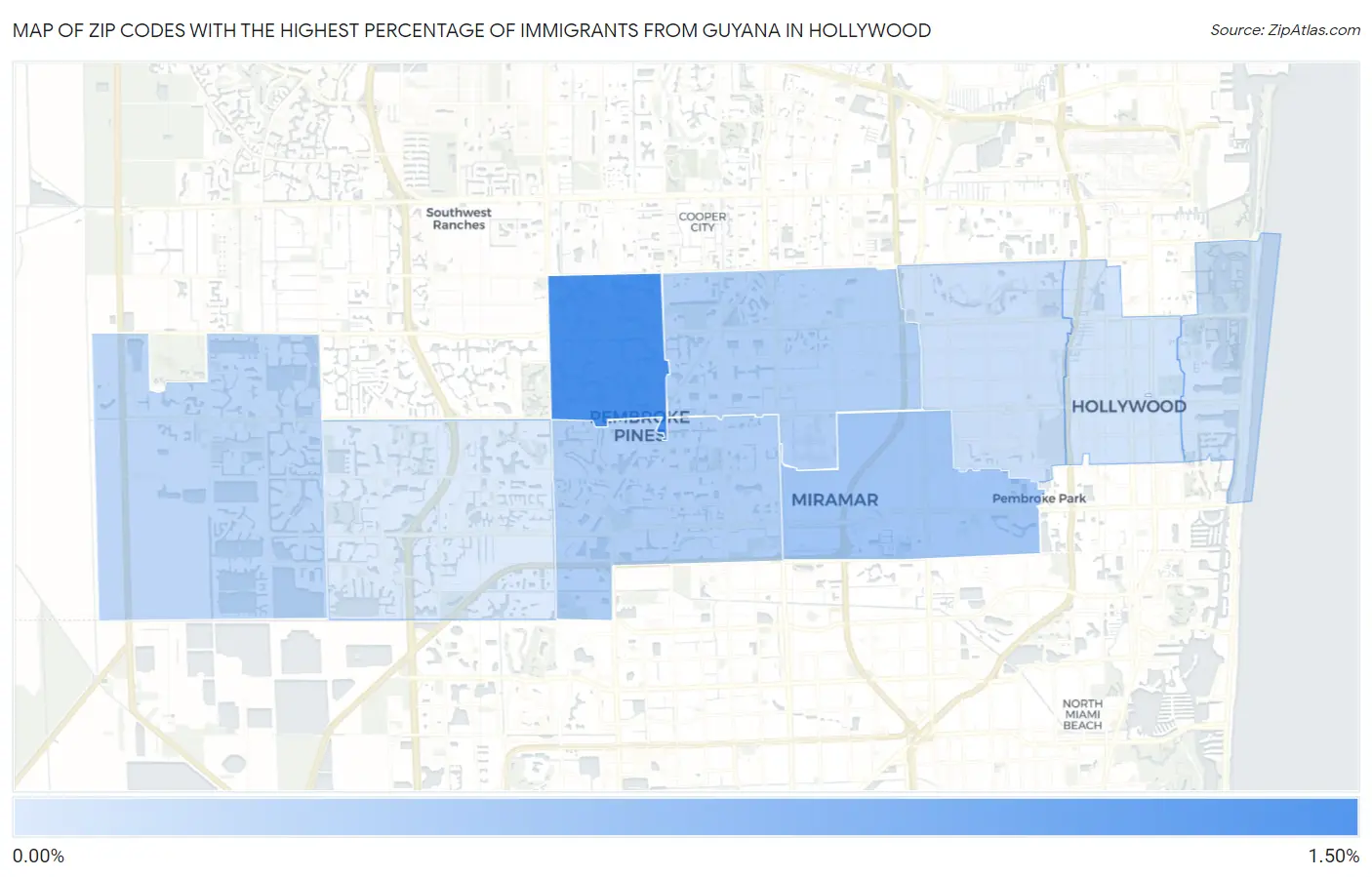 Zip Codes with the Highest Percentage of Immigrants from Guyana in Hollywood Map