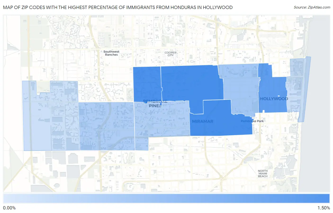 Zip Codes with the Highest Percentage of Immigrants from Honduras in Hollywood Map