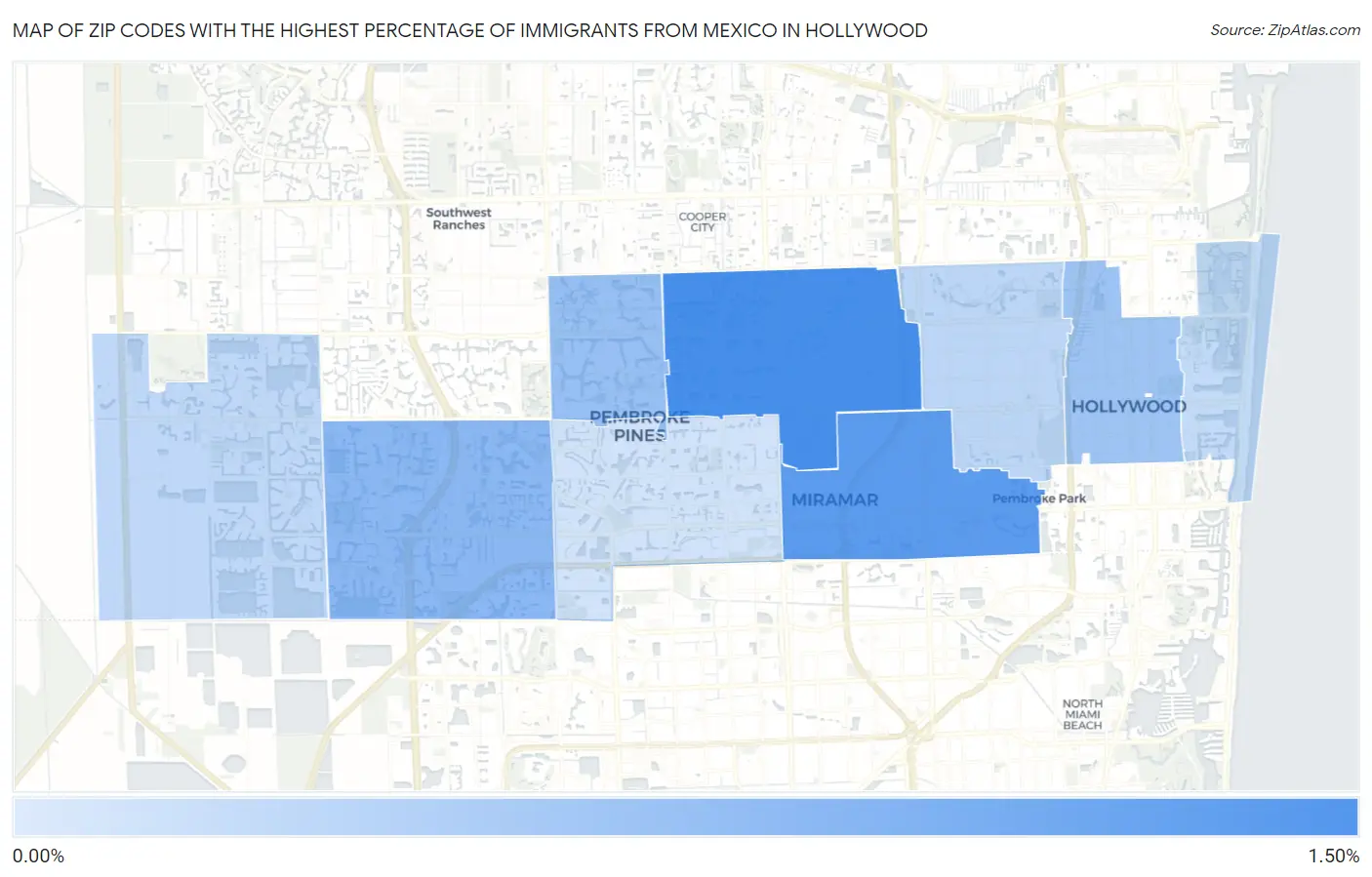 Zip Codes with the Highest Percentage of Immigrants from Mexico in Hollywood Map
