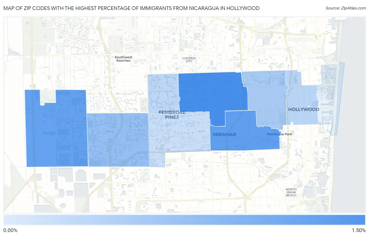 Zip Codes with the Highest Percentage of Immigrants from Nicaragua in Hollywood Map