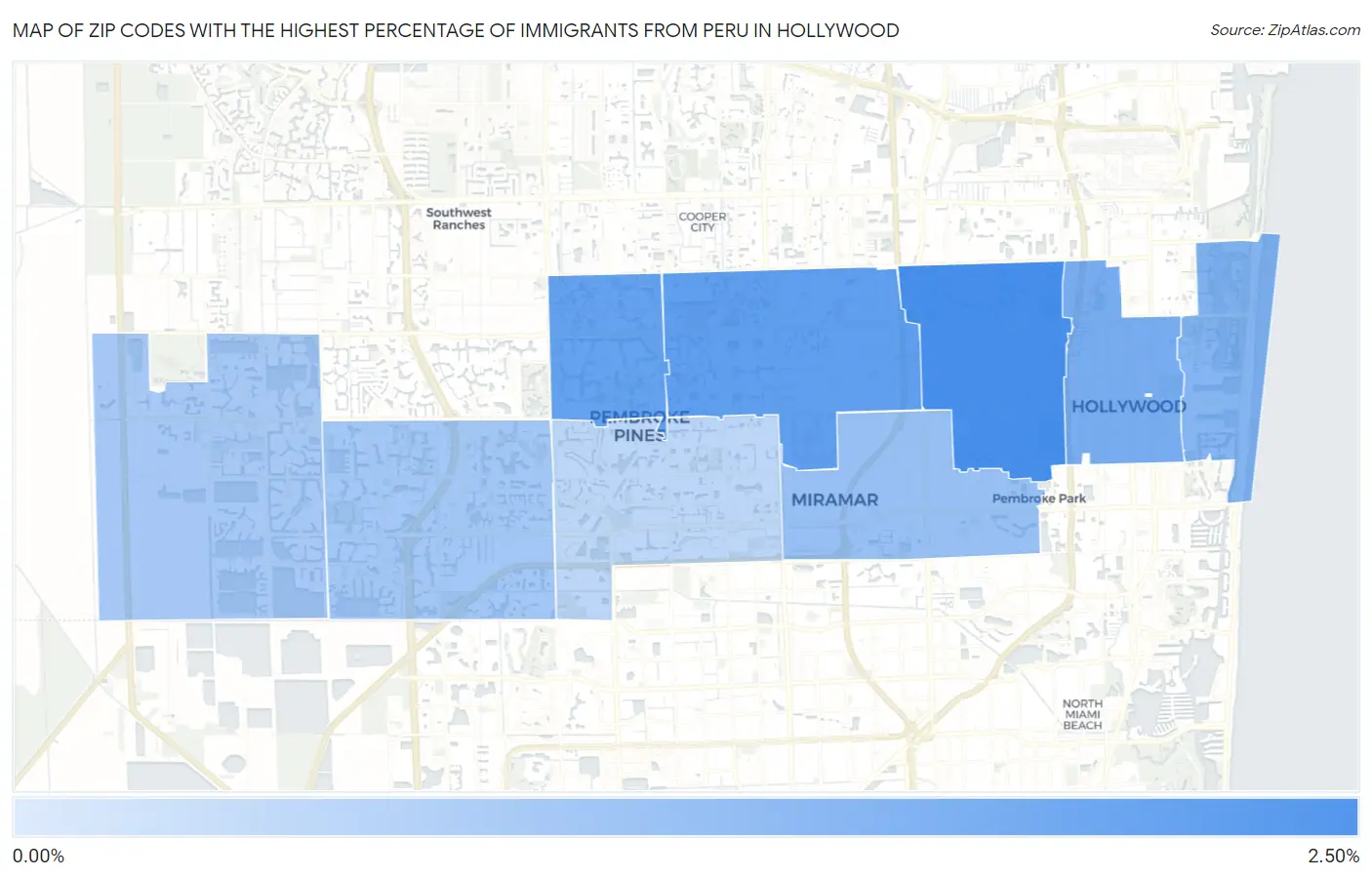 Zip Codes with the Highest Percentage of Immigrants from Peru in Hollywood Map