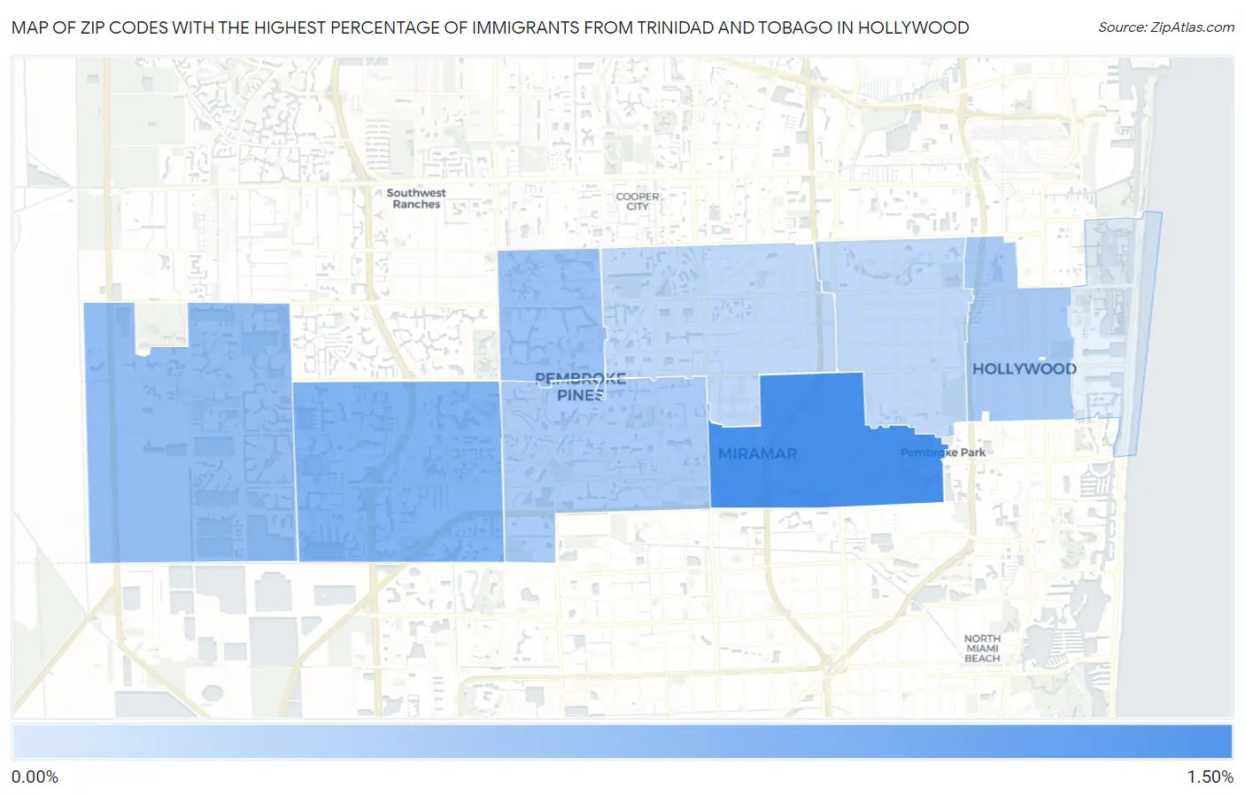 Zip Codes with the Highest Percentage of Immigrants from Trinidad and Tobago in Hollywood Map