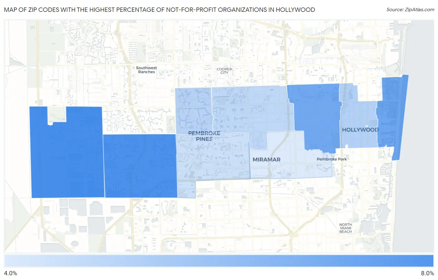 Zip Codes with the Highest Percentage of Not-for-profit Organizations in Hollywood Map
