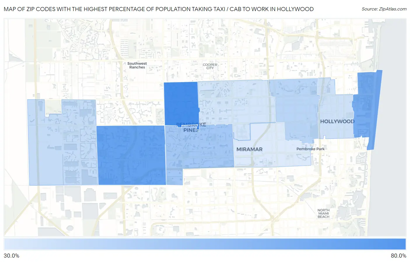 Zip Codes with the Highest Percentage of Population Taking Taxi / Cab to Work in Hollywood Map