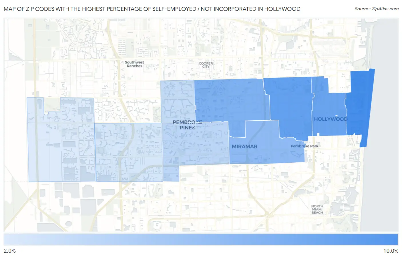 Zip Codes with the Highest Percentage of Self-Employed / Not Incorporated in Hollywood Map