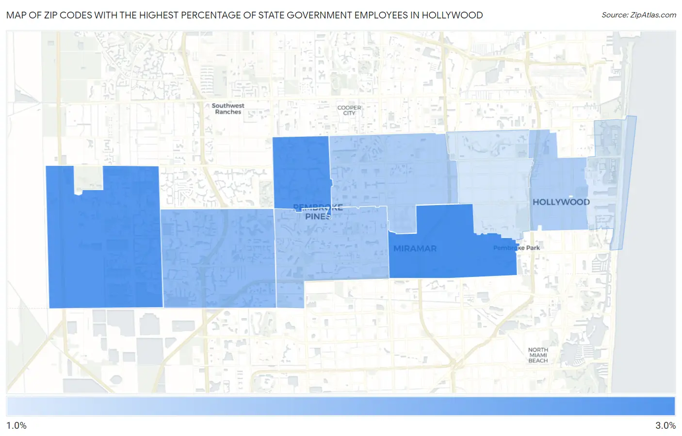 Zip Codes with the Highest Percentage of State Government Employees in Hollywood Map