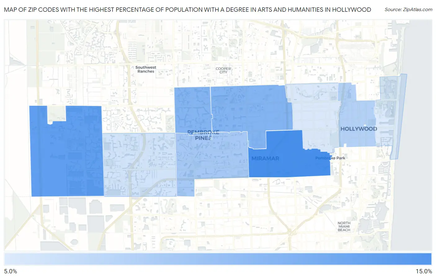 Zip Codes with the Highest Percentage of Population with a Degree in Arts and Humanities in Hollywood Map