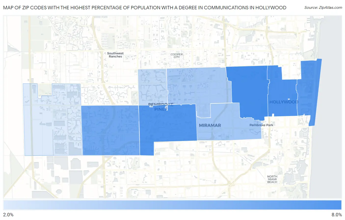 Zip Codes with the Highest Percentage of Population with a Degree in Communications in Hollywood Map