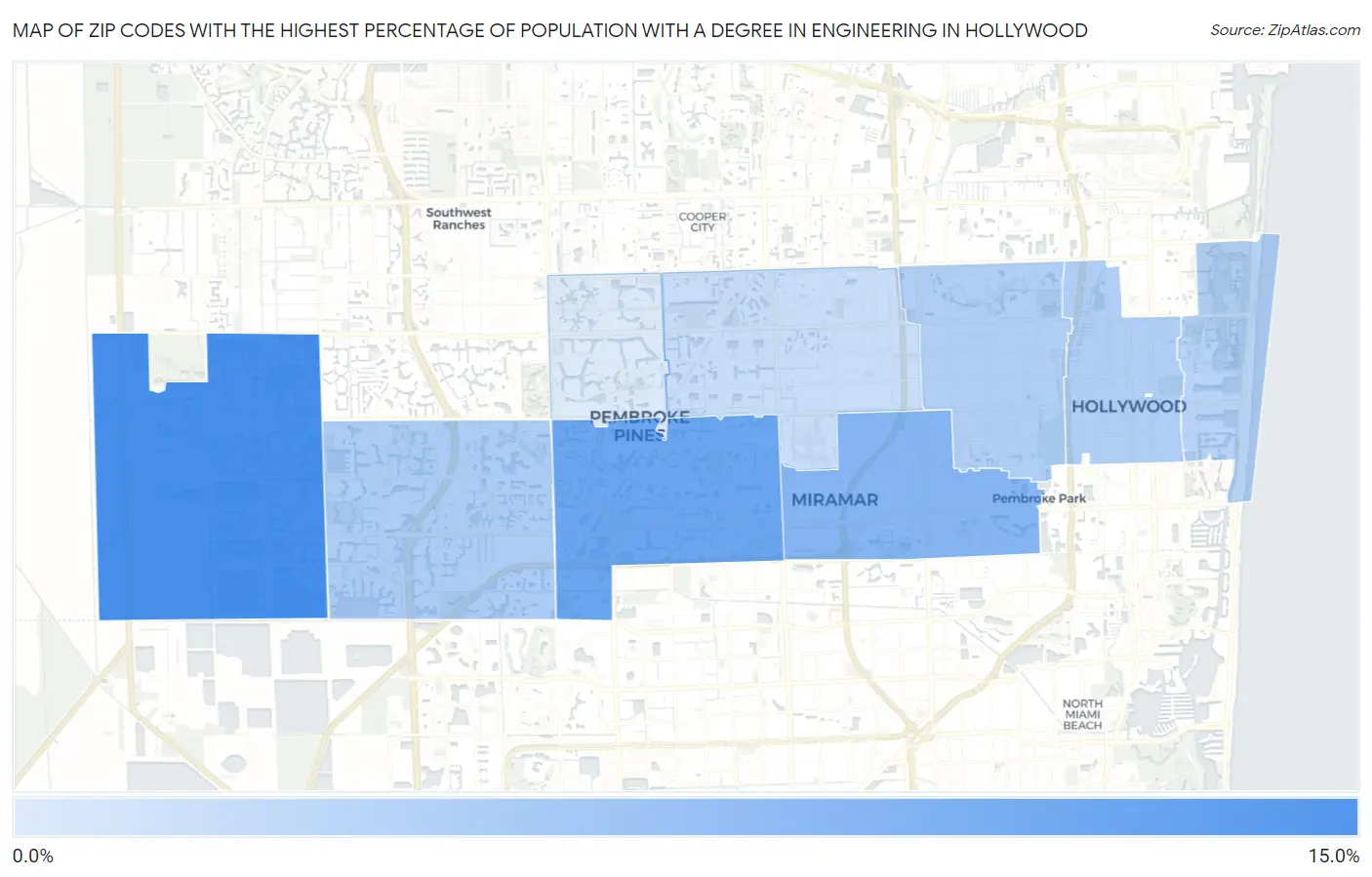 Zip Codes with the Highest Percentage of Population with a Degree in Engineering in Hollywood Map