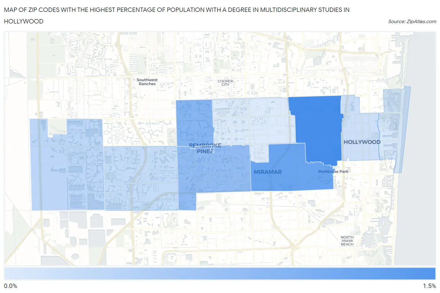 Zip Codes with the Highest Percentage of Population with a Degree in Multidisciplinary Studies in Hollywood Map