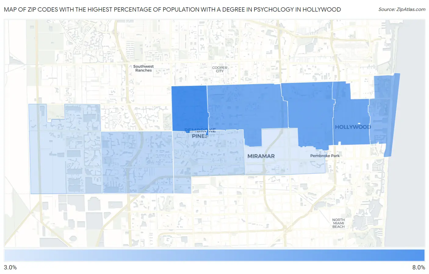 Zip Codes with the Highest Percentage of Population with a Degree in Psychology in Hollywood Map
