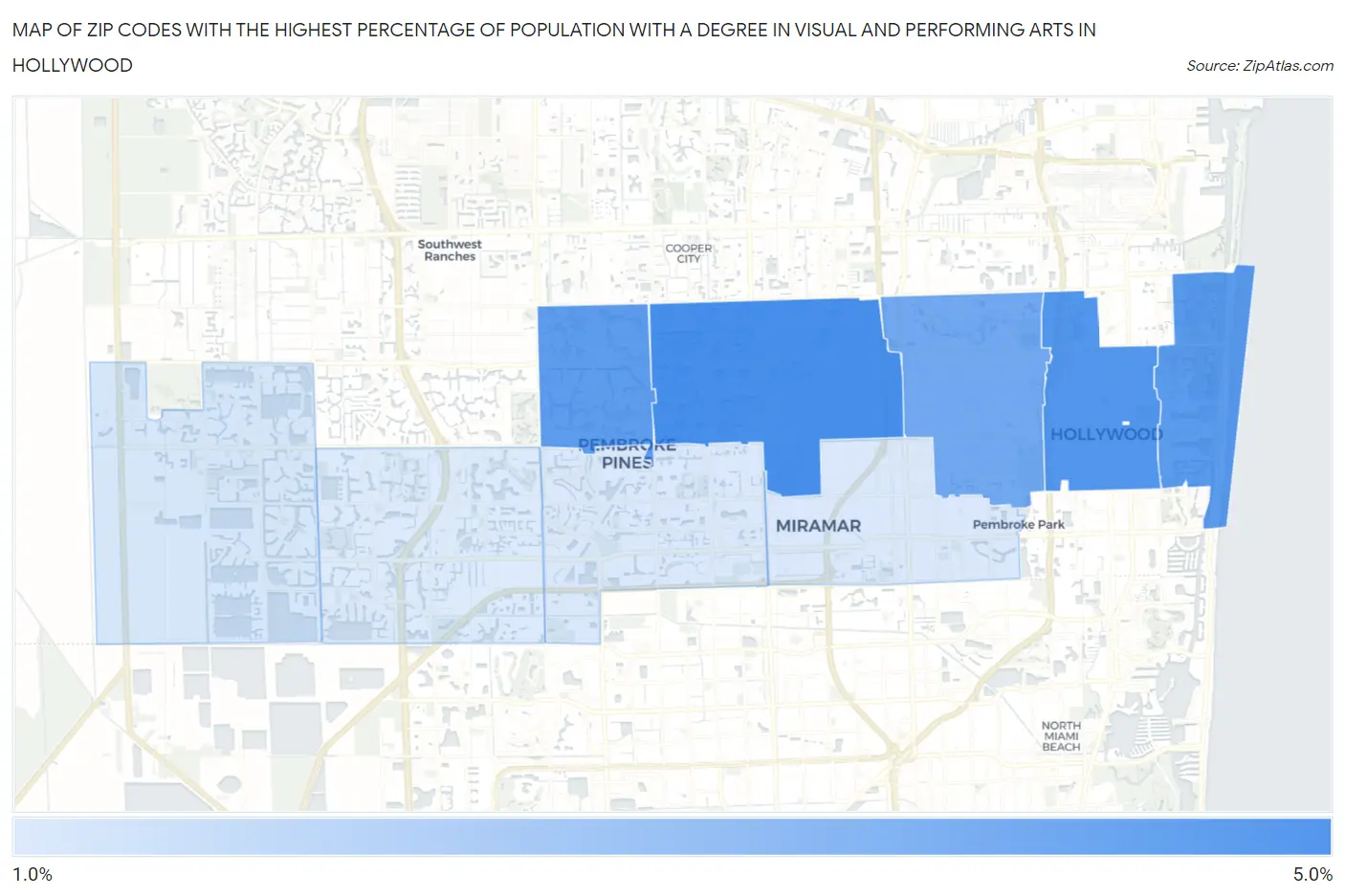 Zip Codes with the Highest Percentage of Population with a Degree in Visual and Performing Arts in Hollywood Map